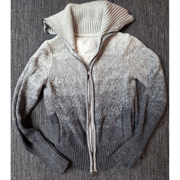 American Eagle Zip Up Sweater Size Large Fitted Gray Ombre Y2K Preppy Collared - Picture 1 of 11